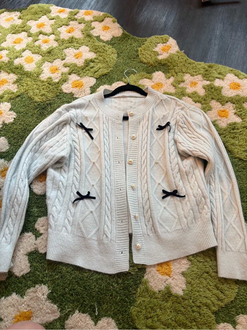 Light blue bow and pearl Cable-Knit Cardigan Sweater